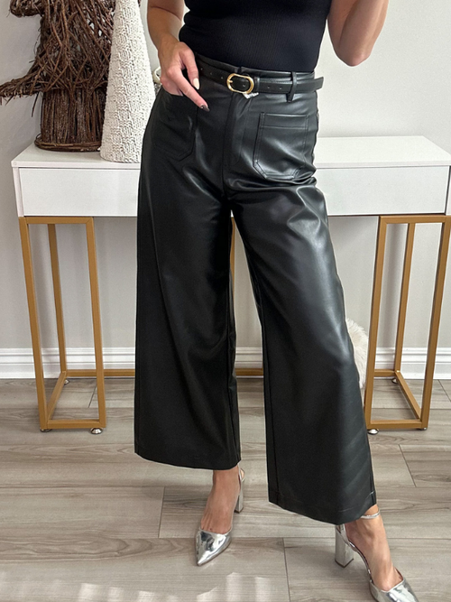 THE CITY FAUX LEATHER WIDE LEG PANTS - BLACK