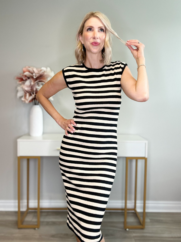 NAOMI STRIPED TANK MIDI DRESS - BLACK/WHITE