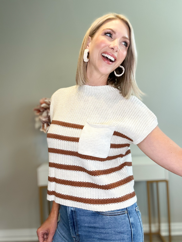 PIPER MOCK NECK STRIPED KNIT TOP - WHITE/TOFFEE