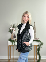 AUDRA FAUX LEATHER LONG PUFFER VEST - BLACK