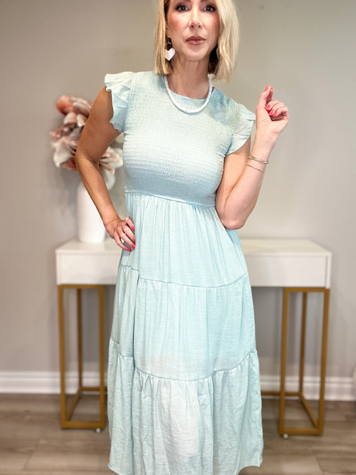 GABRIELLE SMOCKED MIDI DRESS - LIGHT SAGE