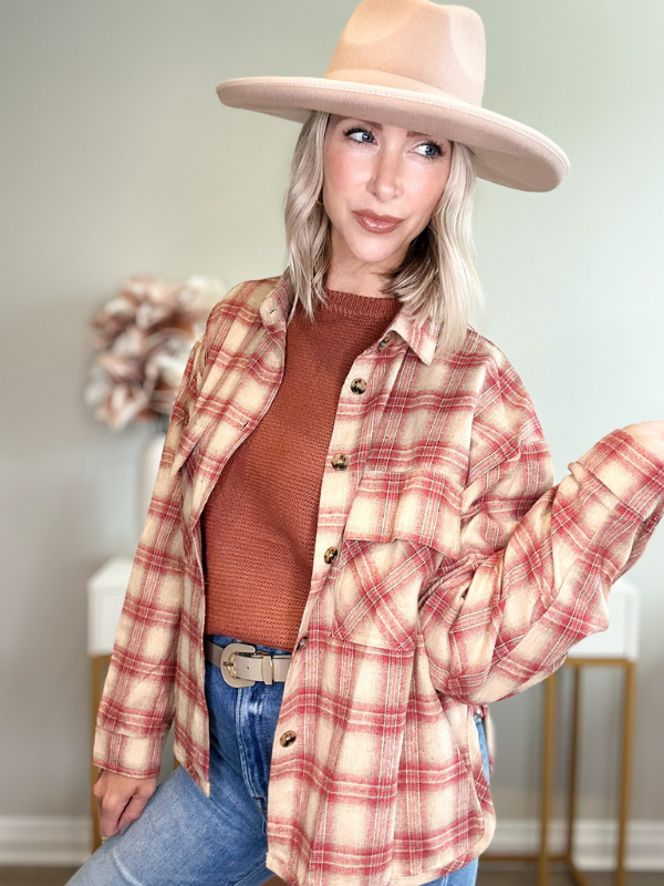 THE MILLIE PLAID LONG SLEEVE SHIRT/JACKET - RED/TAN