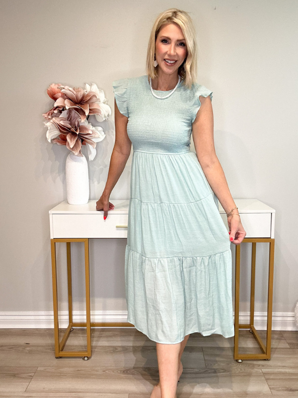 sage smocked midi dress flowy midi dress Lainey Smocked Dotted Midi Dress