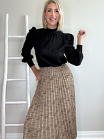 GEOMETRIC PRINTED PLEATED MIDI SKIRT - TAN