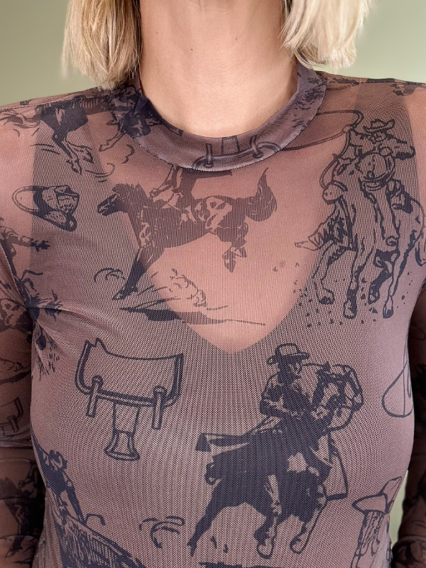 COWGIRL UP MESH MOCK NECK TOP - DARK BROWN