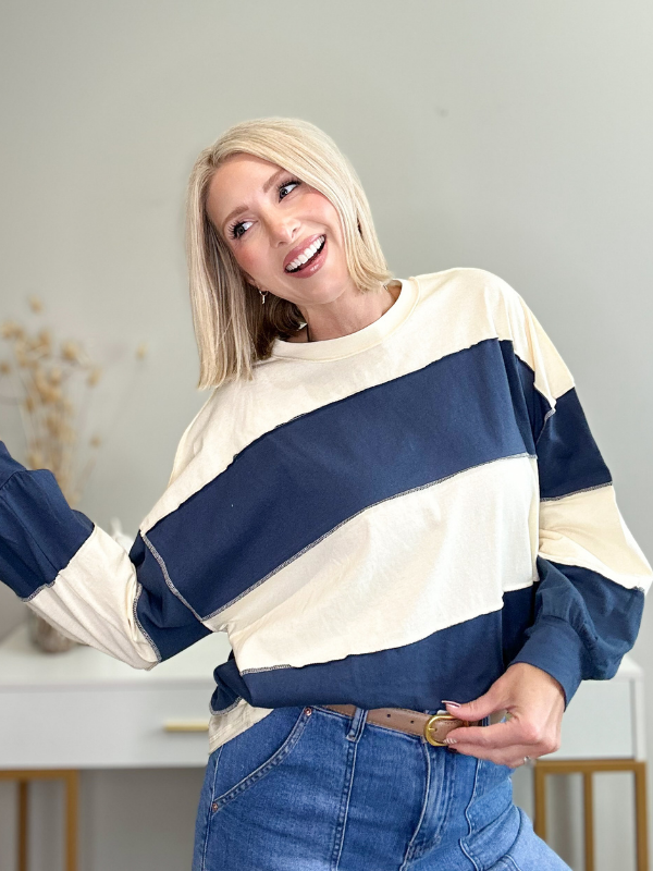 A GIRL'S DREAM STRIPED PULLOVER - NAVY + CREAM