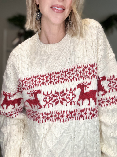 NORDIC PATTERN OVERSIZED SWEATER - CREAM/RED