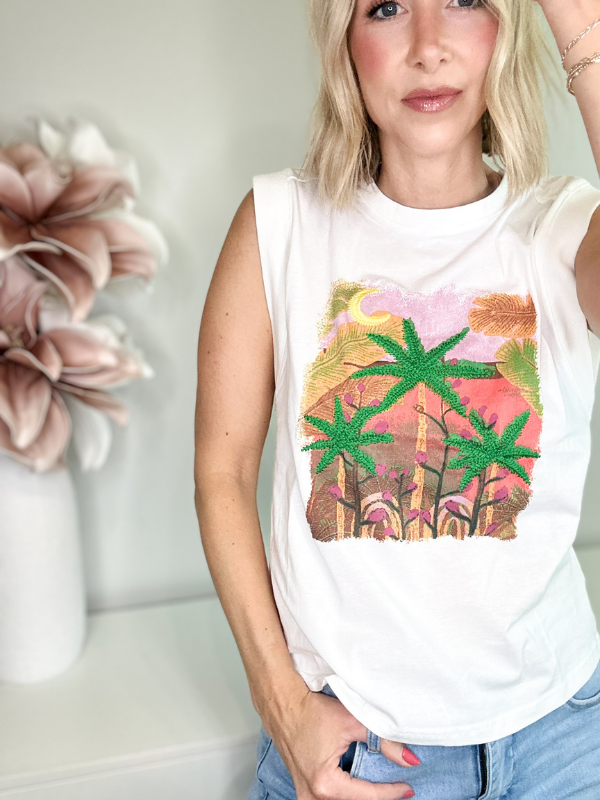 MOONLIT PALMS SLEEVELESS TEE - MULTICOLOR