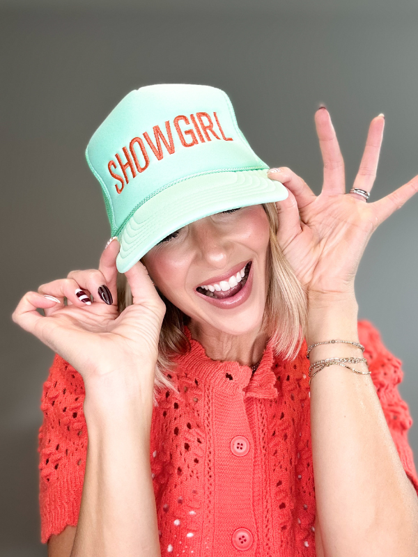 SHOWGIRL EMBROIDERED HAT - TEAL/ORANGE