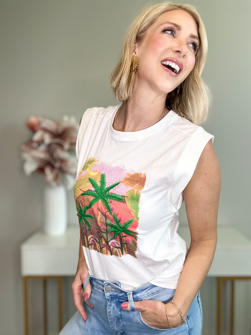 MOONLIT PALMS SLEEVELESS TEE - MULTICOLOR