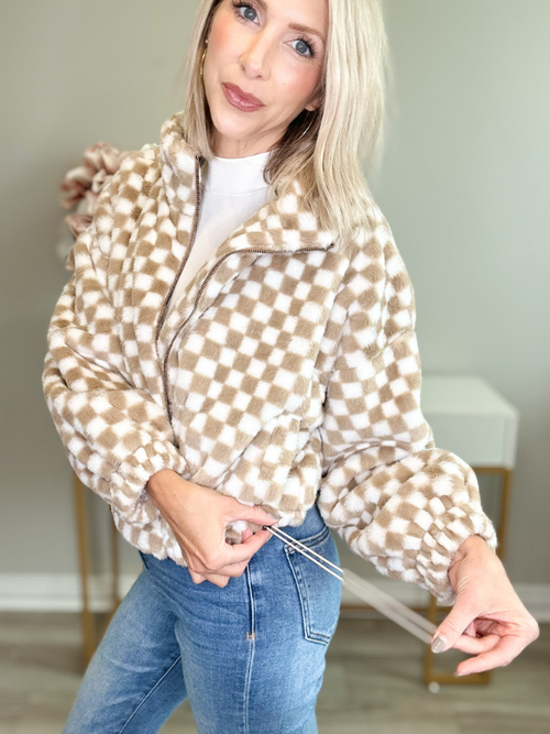 FALL CHECKED OUT TEDDY JACKET - TAUPE/CREAM