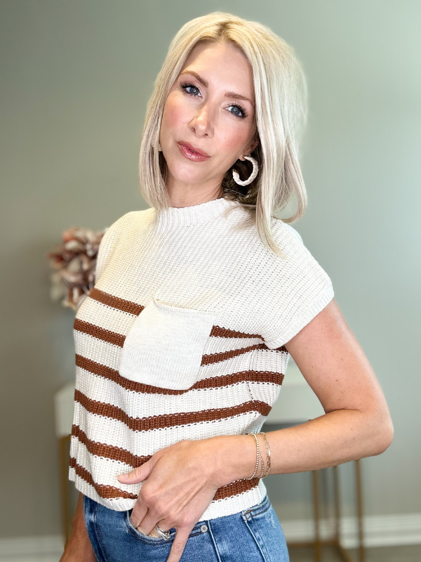 PIPER MOCK NECK STRIPED KNIT TOP - WHITE/TOFFEE