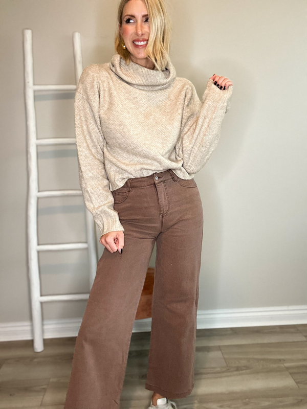 CASUAL AND CLASSY WIDE LEG JEANS - BROWN ACID WASH