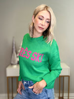 APRES SKI SWEATER - GREEN AND BRIGHT PINK