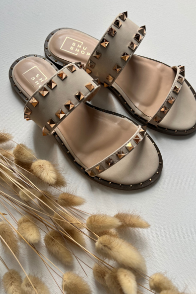 DEBORAH DOUBLE STRAP STUDDED SLIDES - BEIGE