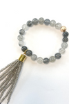 THE LIGHT GRAY GEMSTONE WITH GRAY BEADED TASSEL BRACELET