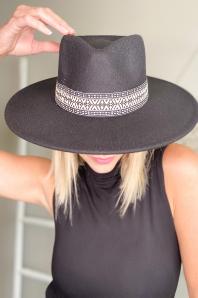 BOHO BAND WIDE BRIM FEDORA HAT - BLACK