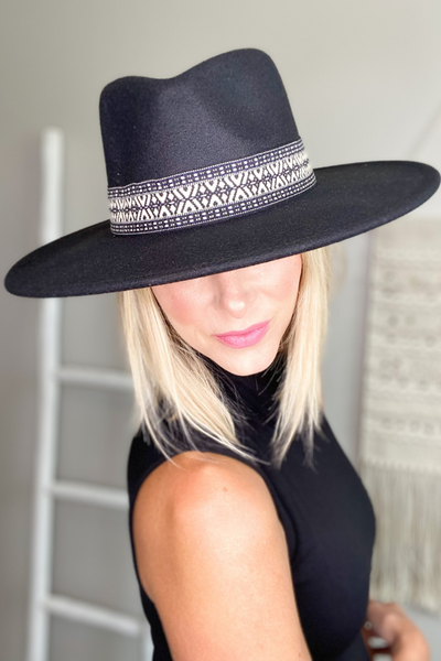 BOHO BAND WIDE BRIM FEDORA HAT - BLACK
