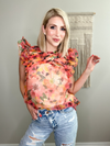 STARBURST FLORAL RUFFLE SLEEVE TOP - CORAL