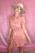 PAIGE POCKETED SHIRT DRESS - SALMON