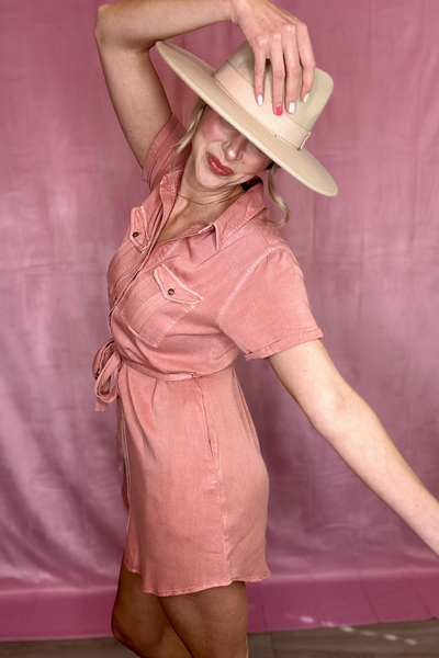 PAIGE POCKETED SHIRT DRESS - SALMON